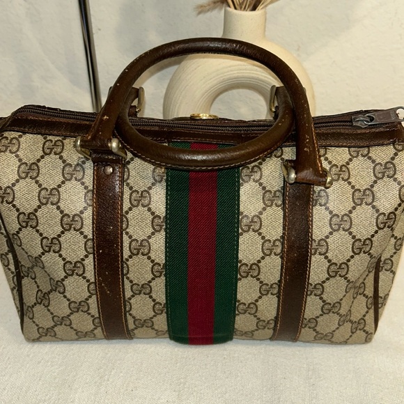 Authentic Gucci brown monogram coated canvas Boston satchel bag - Picture 5 of 17